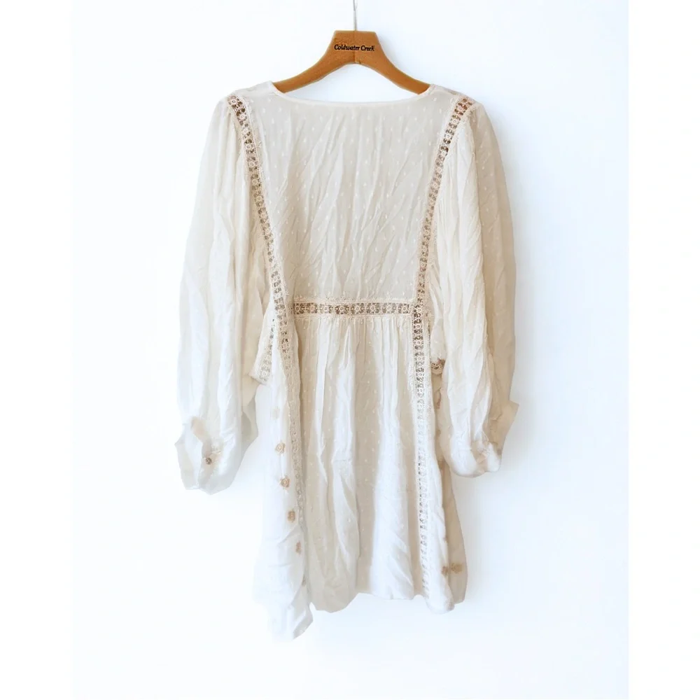 Free People Ivory Embroidered Boho Peasant Tunic Top Lace Inset Balloon Sleeve L - Picture 3 of 5